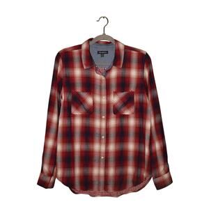 FLAG & ANTHEM $80 Red‎ Navy Plaid Pearl Snap Long Sleeve Shirt Men's Medium